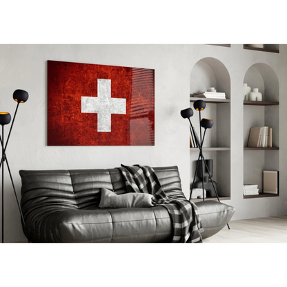 Distressed Swiss Flag Red Canvas Wall Art | Contemporary Home Wall Art | vintageantiquesgifts.com