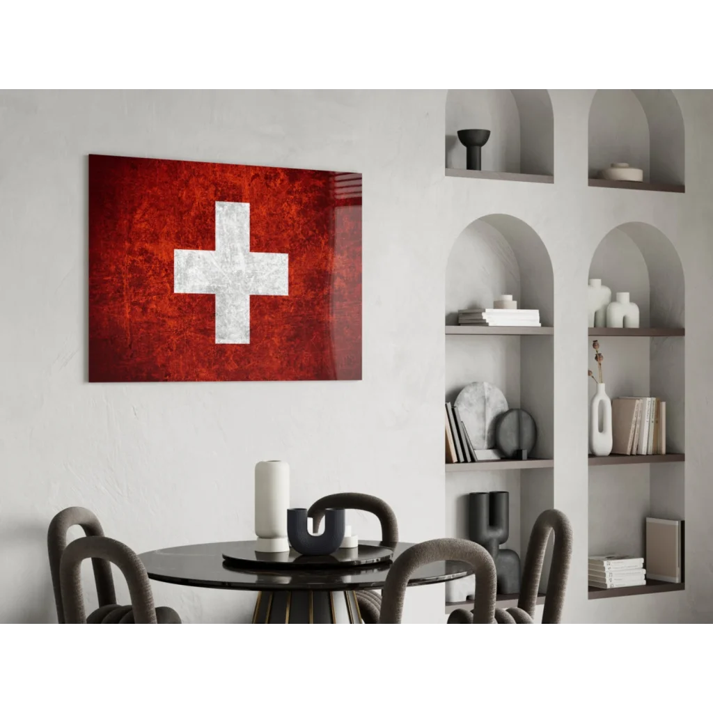 Distressed Swiss Flag red canvas wall art with bold white cross
