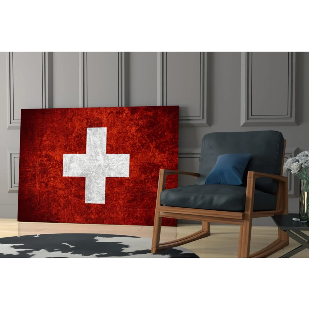 Distressed Swiss flag red canvas wall art with bold white cross texture