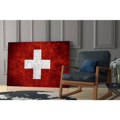 Distressed Swiss flag red canvas wall art with bold white cross texture