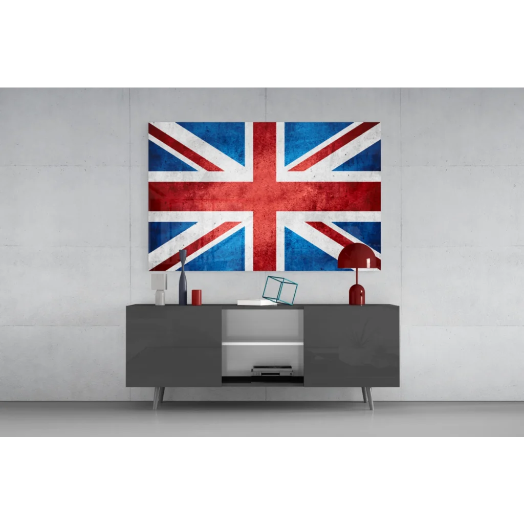Distressed Union Jack canvas wall art on gray console