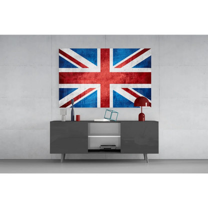 Distressed Union Jack canvas wall art on gray console