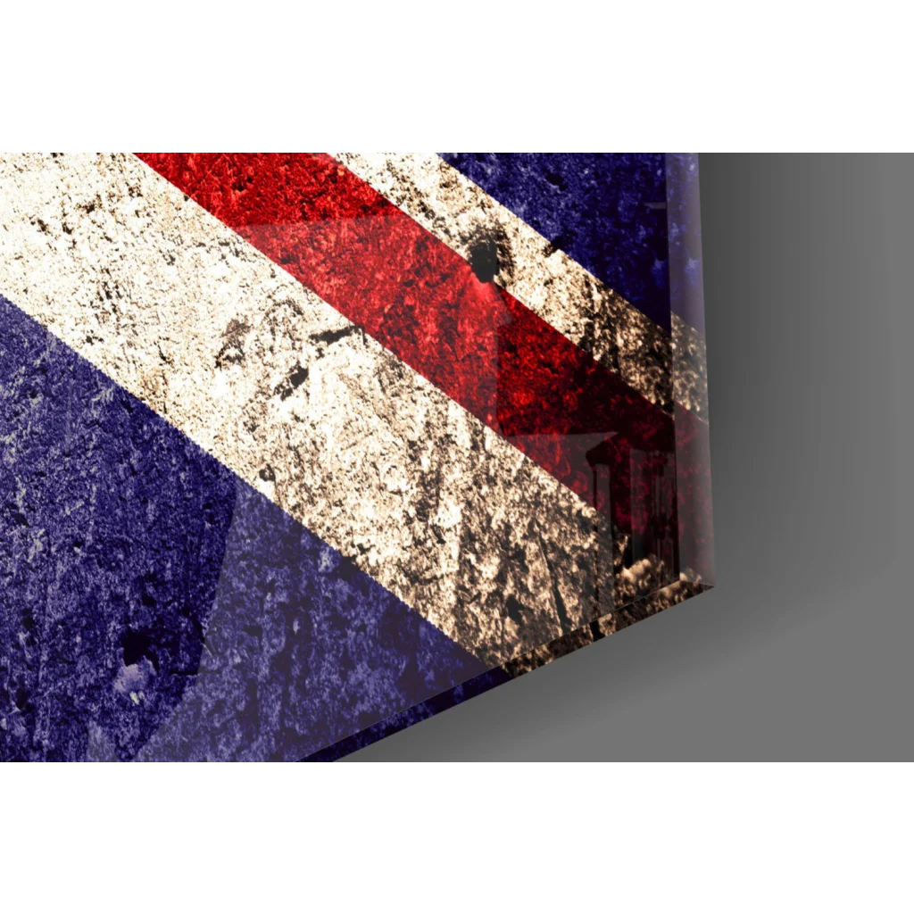 Distressed Union Jack glass wall art with glossy, weathered finish