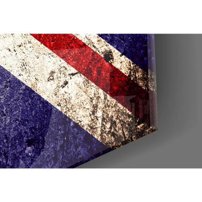 Distressed Union Jack glass wall art with glossy, weathered finish