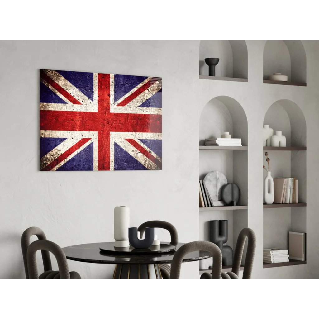 Distressed vintage Union Jack flag canvas wall art on wall