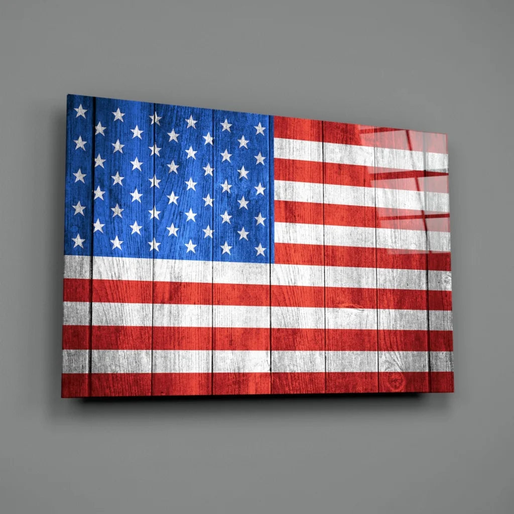 Rustic American Flag Wooden Wall Art with Weathered Finish | Glass Wall Art Print | vintageantiquesgifts.com