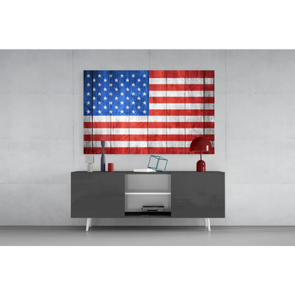 Rustic American flag wooden wall art with weathered finish