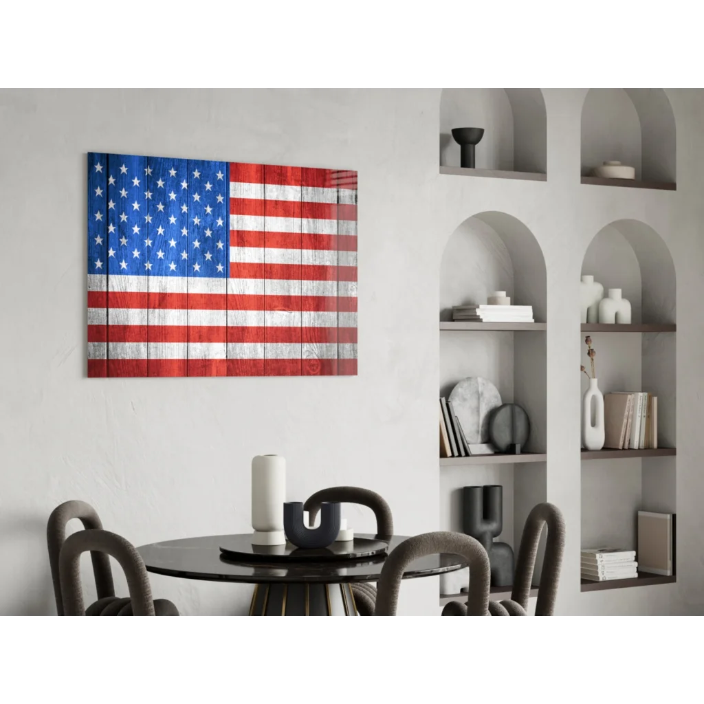 Rustic American flag wooden wall art with weathered red white blue tones