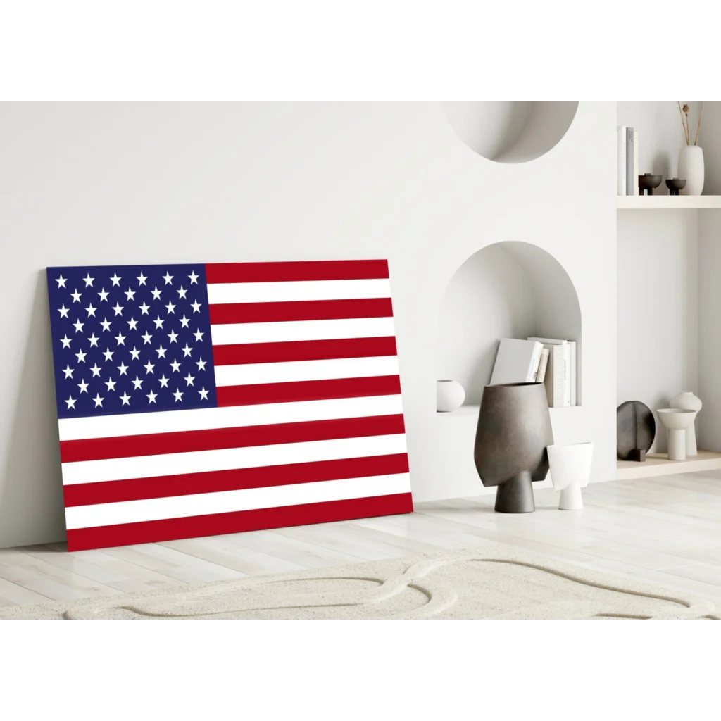 Vibrant glossy American flag glass wall art on white wall