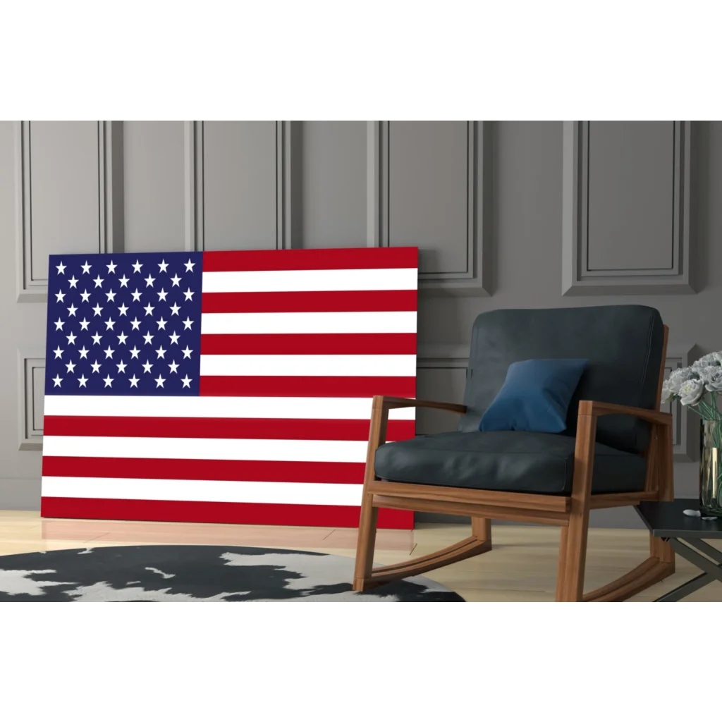 Glossy American flag glass wall art canvas print in red, white, blue