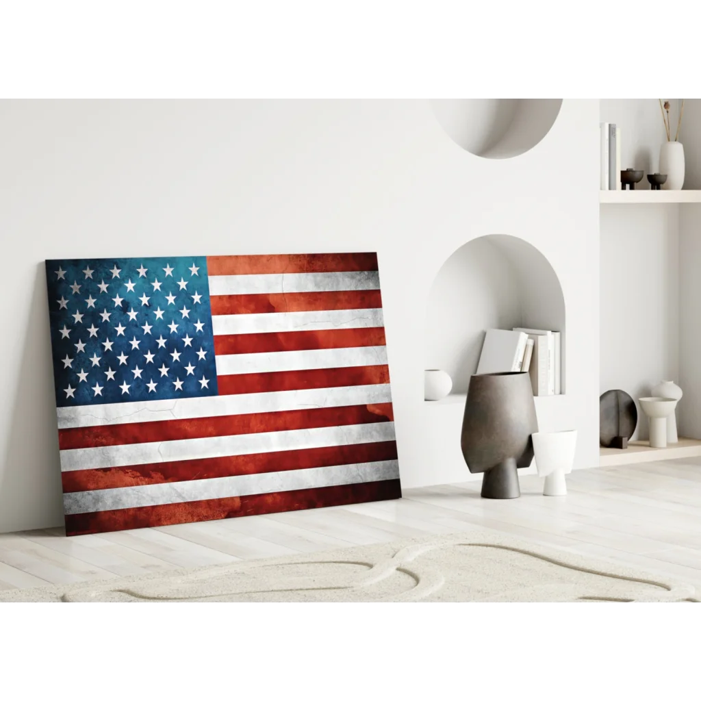 Distressed American flag canvas wall art, faded stripes and weathered stars