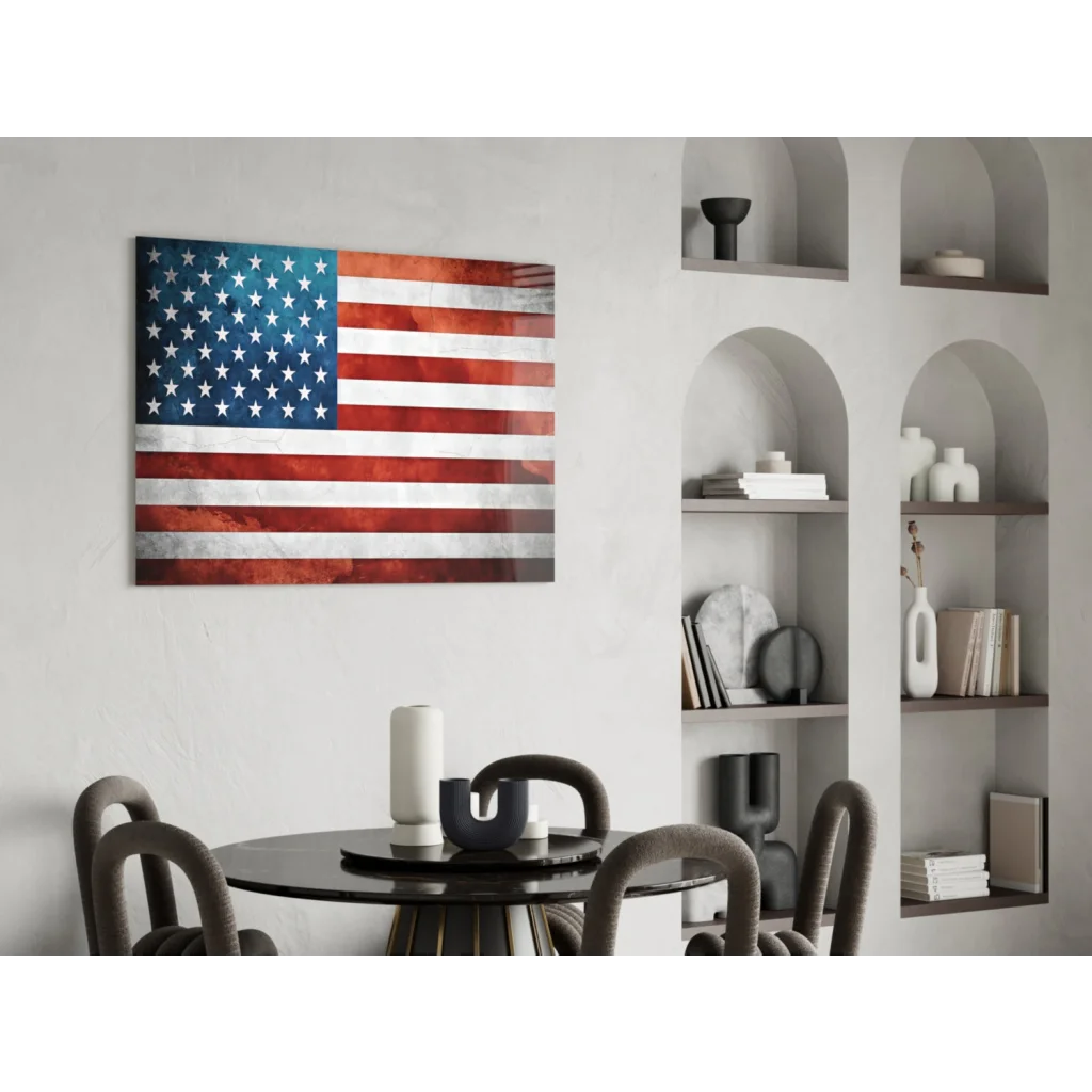 Distressed watercolor American flag canvas wall art in red white blue tones