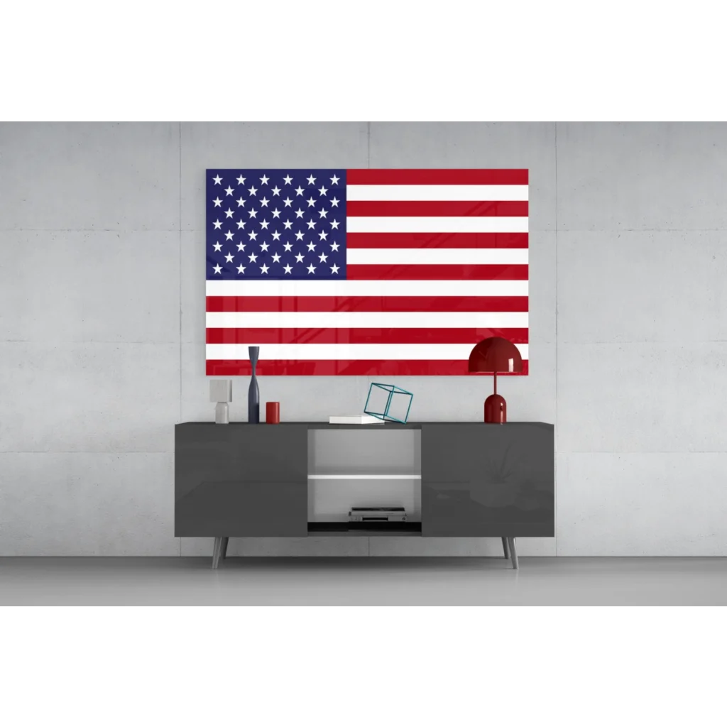 Glossy red lamp on gray table with American flag glass wall art