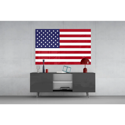 Glossy red lamp on gray table with American flag glass wall art
