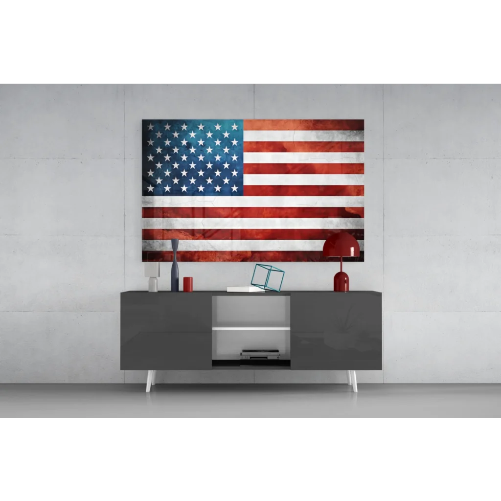 Distressed American flag canvas wall art on gray table