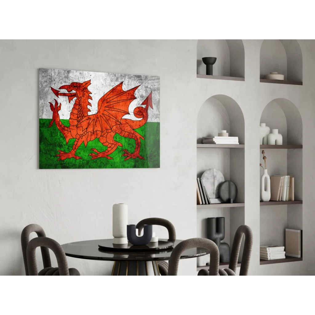 Vibrant red Welsh dragon wall art on distressed canvas with vintage texture