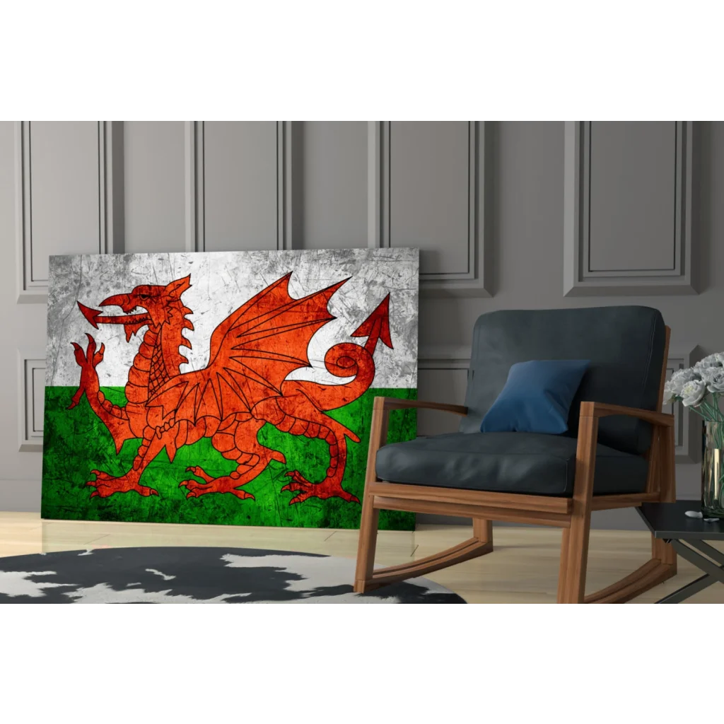 Vibrant Welsh dragon on distressed canvas wall art with vintage texture