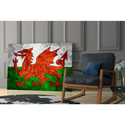 Vibrant Welsh dragon on distressed canvas wall art with vintage texture