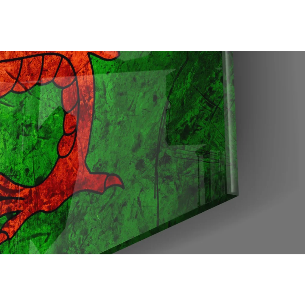 Vibrant Welsh Dragon glass wall art with red green flag and glossy texture