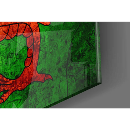 Vibrant Welsh Dragon glass wall art with red green flag and glossy texture