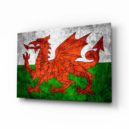 Distressed Welsh Dragon canvas wall art with vintage texture on red, white, green background