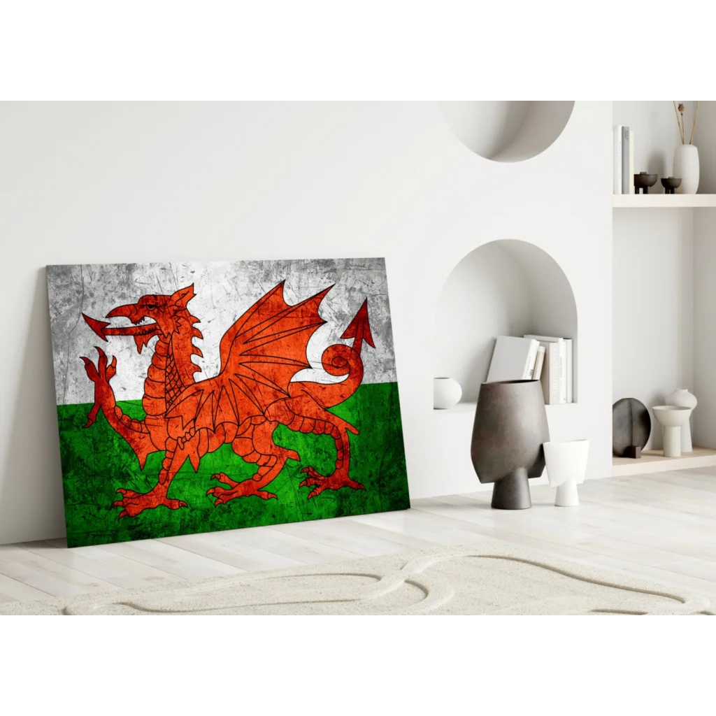 Vibrant red Welsh dragon on distressed canvas wall art with vintage texture