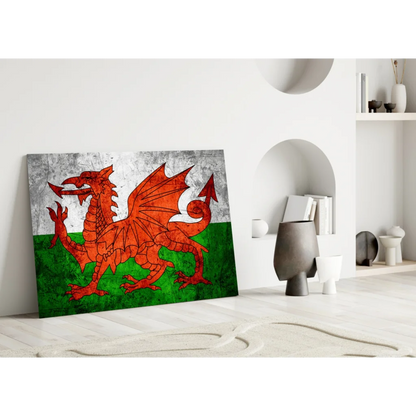 Vibrant red Welsh dragon on distressed canvas wall art with vintage texture