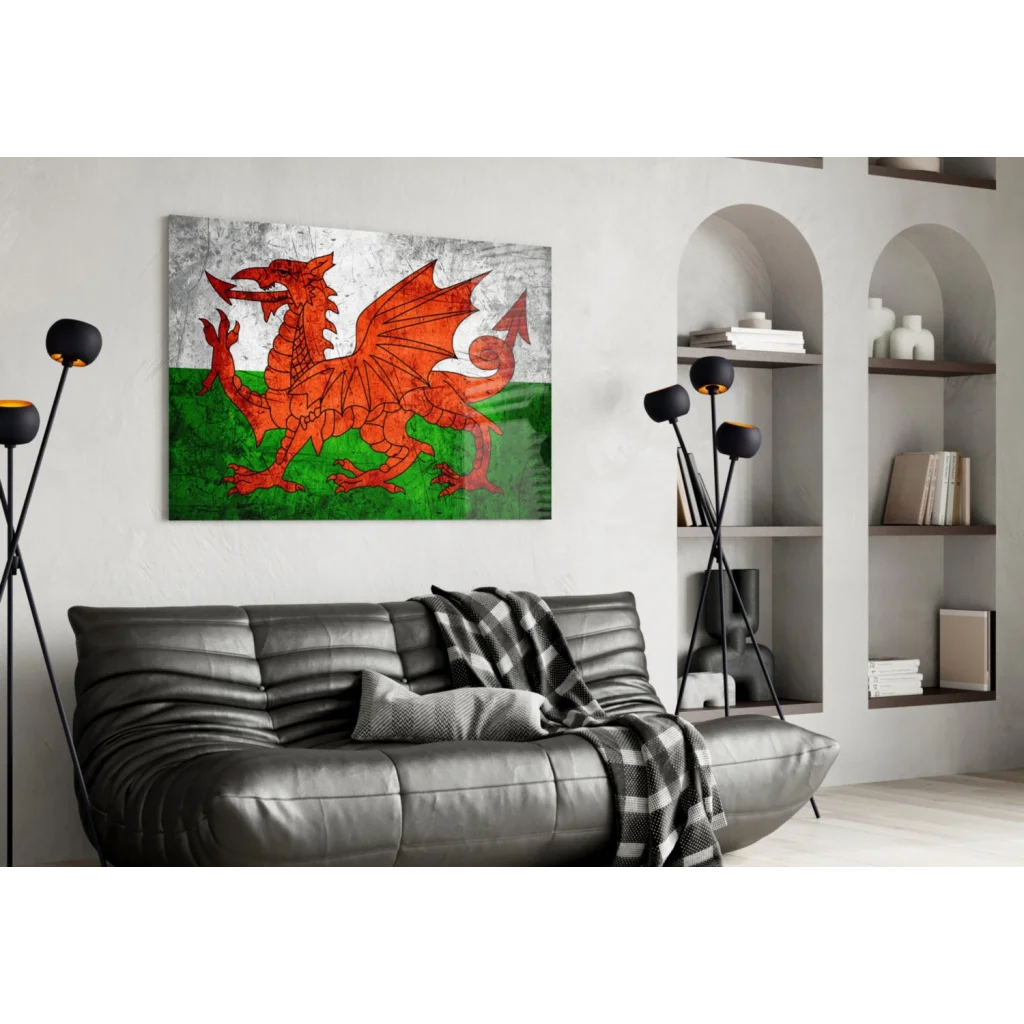 Vibrant Welsh dragon distressed canvas wall art with vintage texture