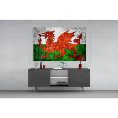 Vibrant red Welsh dragon on distressed canvas wall art with green white flag background