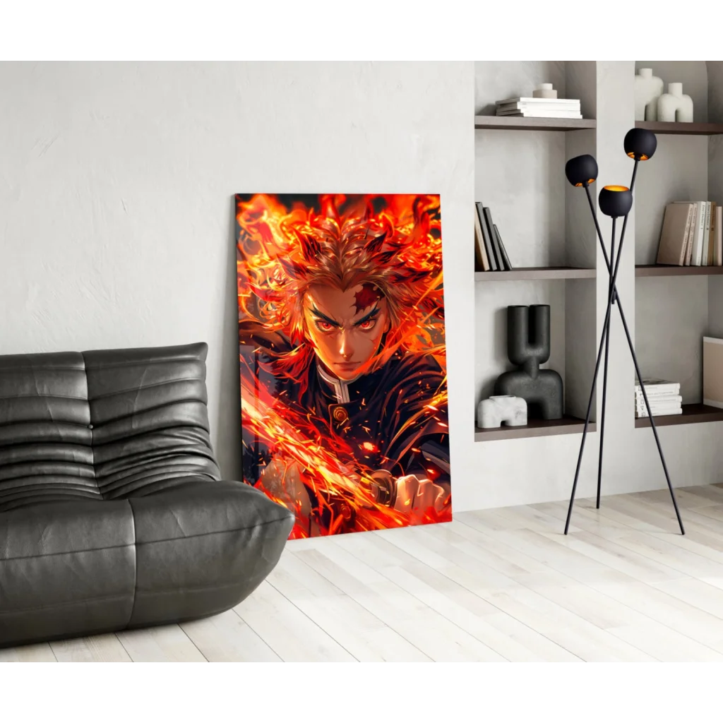 Vibrant fiery anime glass wall art with blazing character portrait on white wall