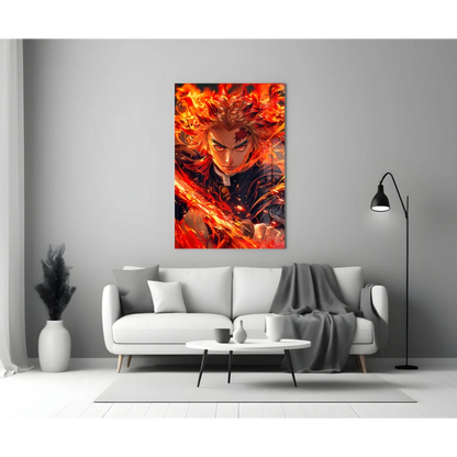 Vibrant fiery anime glass wall art with blazing character portrait