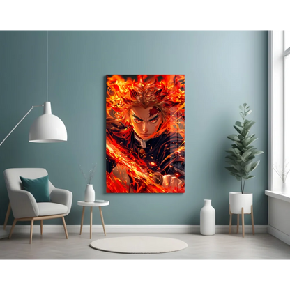 Vibrant fiery anime character in orange red on glass wall art