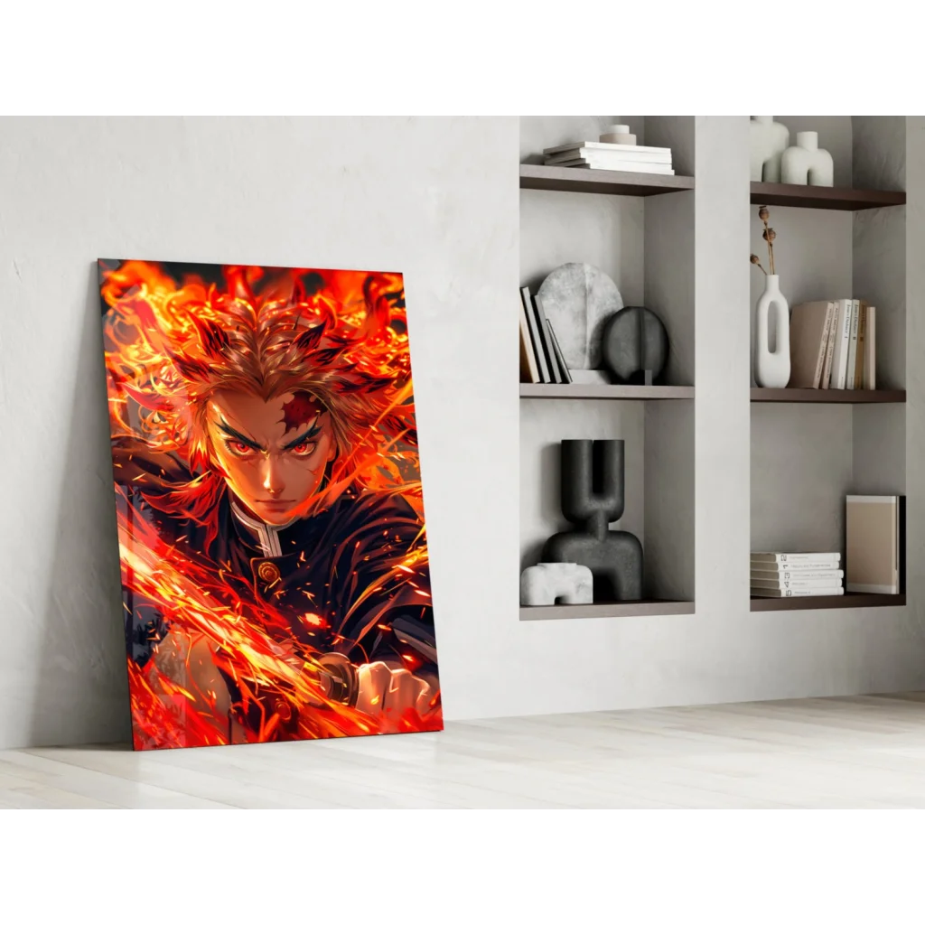 Vibrant orange red anime character on fiery glass wall art leaning on white wall