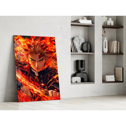 Vibrant orange red anime character on fiery glass wall art leaning on white wall