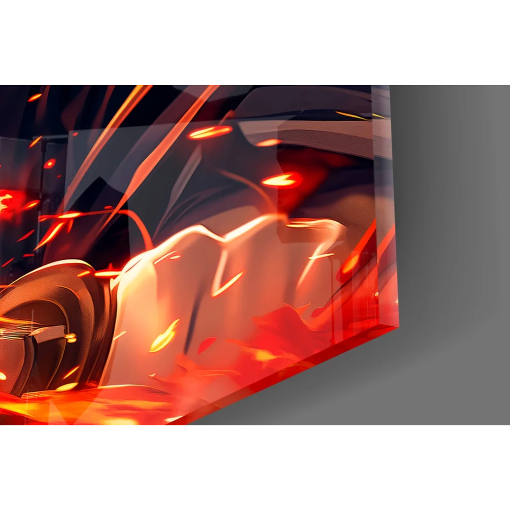 Glowing fiery crystal in anime glass wall art portrait