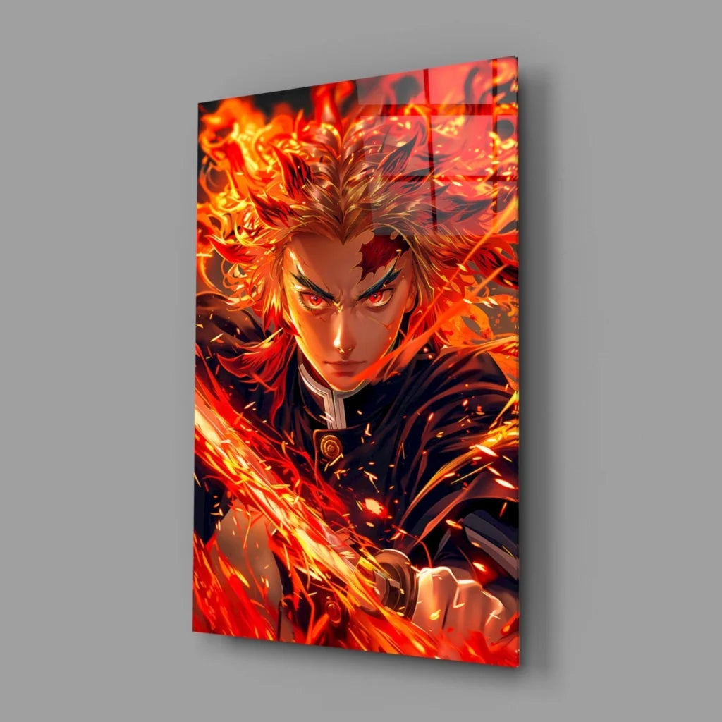 Vibrant fiery anime portrait on glossy glass wall art panel