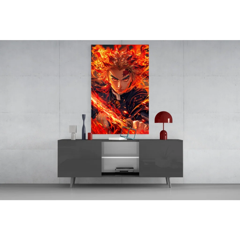 Fiery anime glass wall art with blazing character portrait