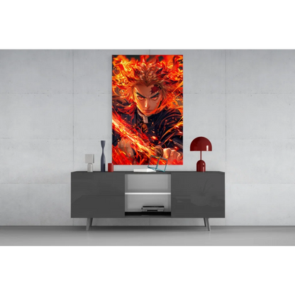 Fiery anime glass wall art with blazing character portrait