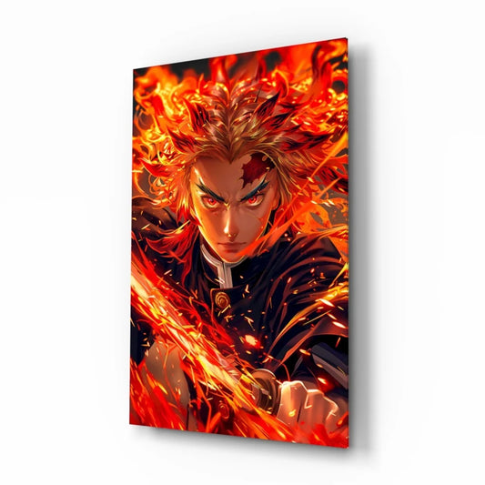 Fiery anime glass wall art with vibrant red orange flame portrait on canvas