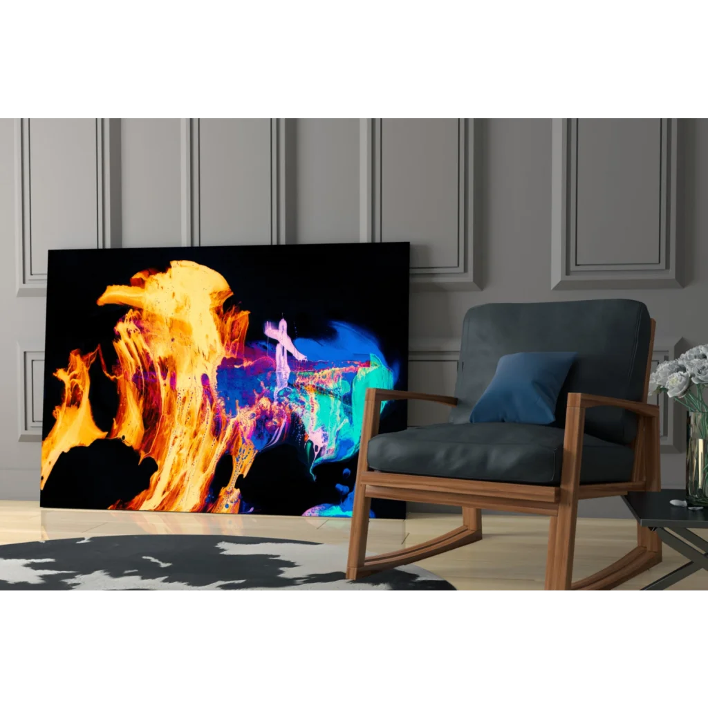 Fiery orange and blue swirl glass wall art on black background