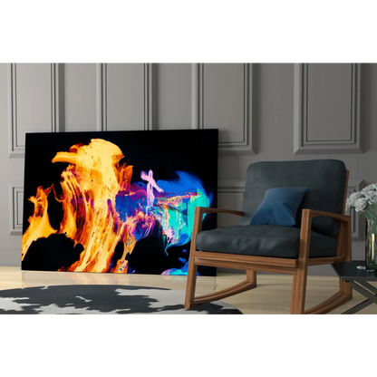 Fiery orange and blue swirl glass wall art on black background