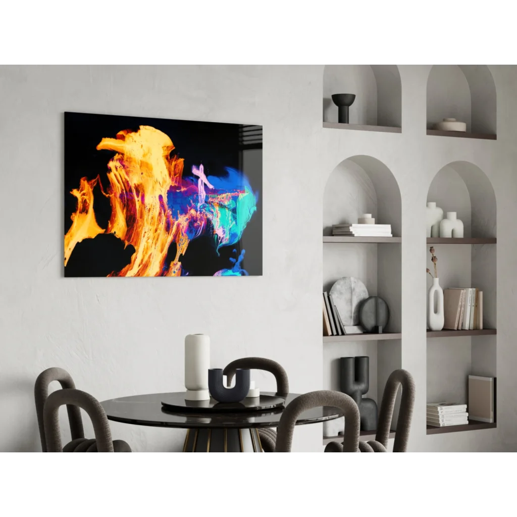 Fiery abstract wall art canvas with orange blue swirls on black