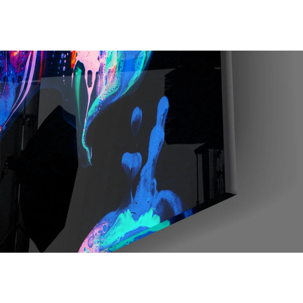 Sleek OLED TV showing fiery abstract glass wall art with neon blue purple swirls