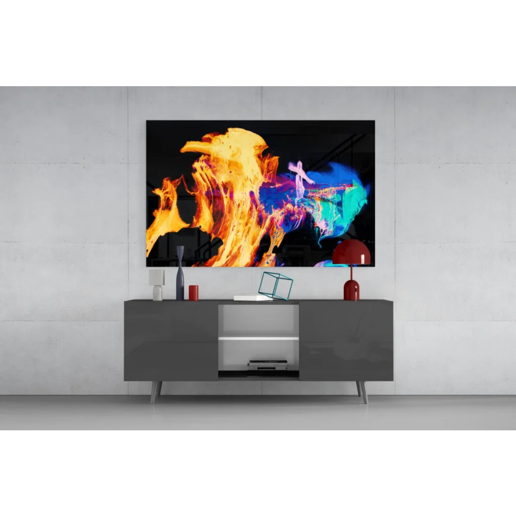 Vibrant fiery abstract glass wall art with orange blue swirls on TV