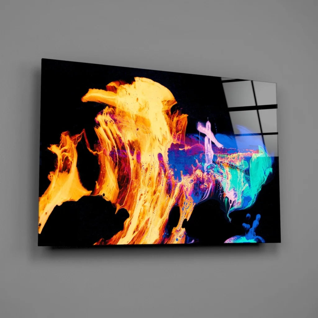 Fiery Abstract Canvas Wall Art With Orange and Blue Swirls | Glass Wall Art Print | vintageantiquesgifts.com