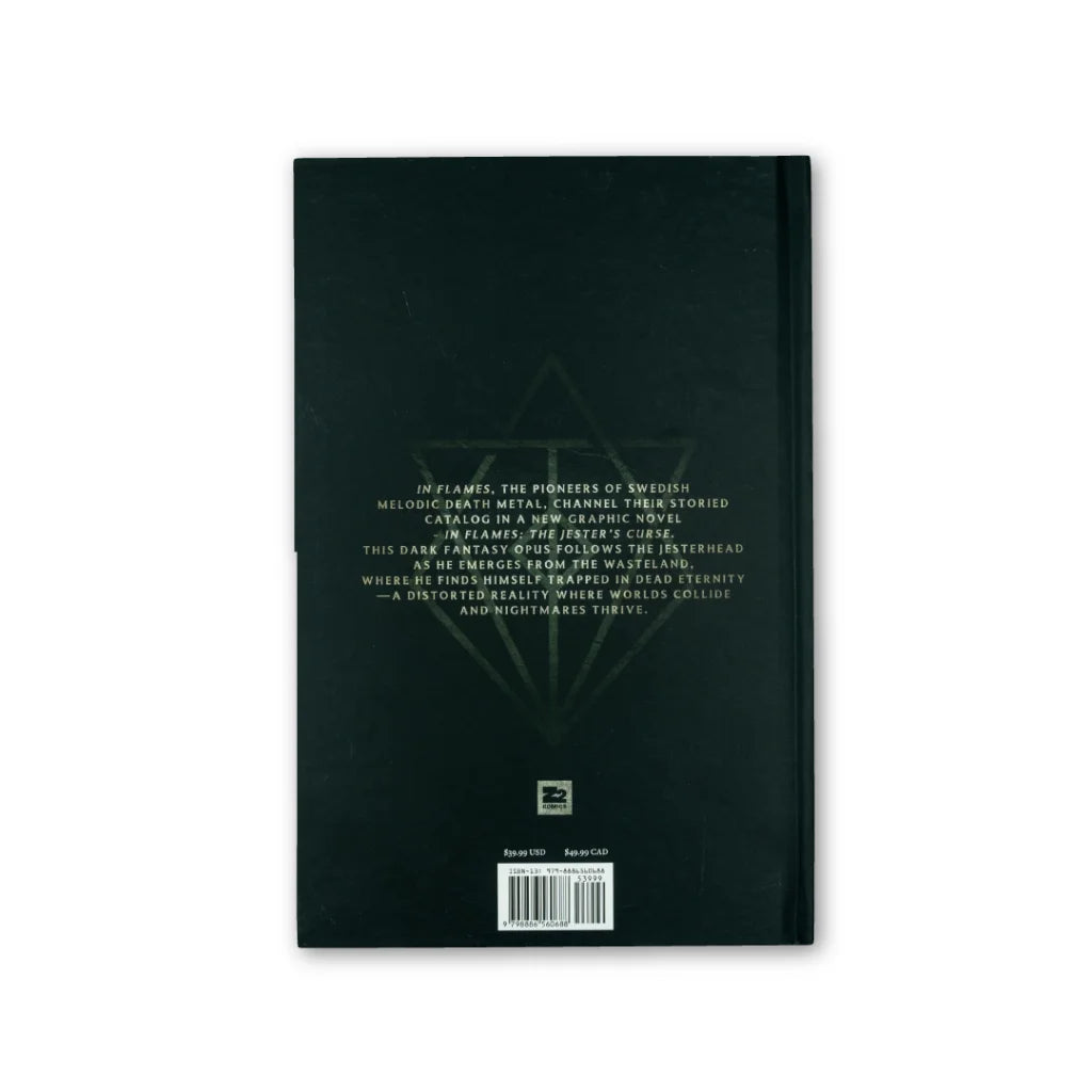Dark-colored In Flames The Jesters Curse graphic novel with bold central design by Ben Laverock