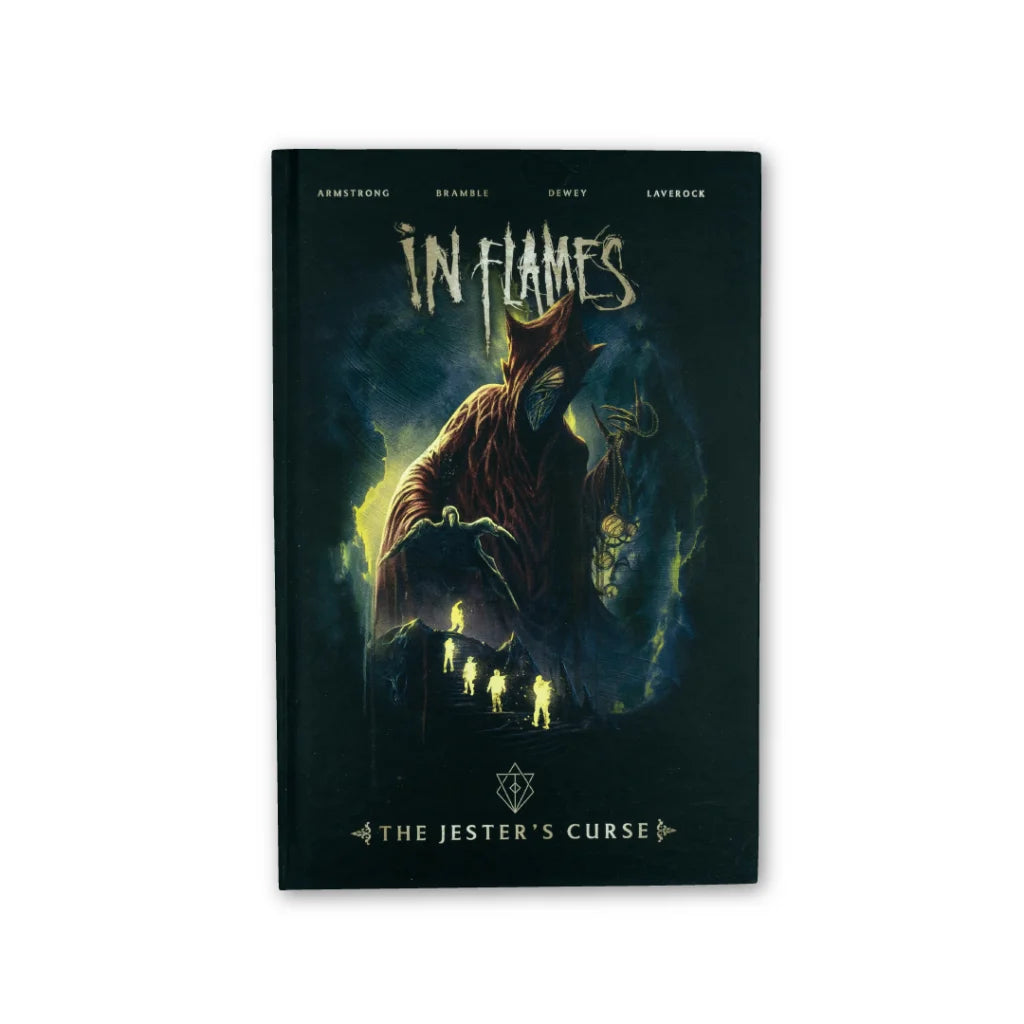 Dark fantasy graphic novel In Flames The Jesters Curse with hooded figure and glowing beings by Ben Laverock featuring Scott Dewey art
