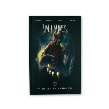 Dark fantasy graphic novel In Flames The Jesters Curse with hooded figure and glowing beings by Ben Laverock featuring Scott Dewey art
