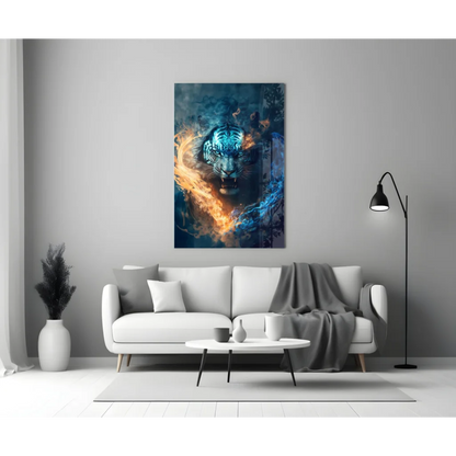 Fierce tiger glass wall art with glowing blue and orange flames