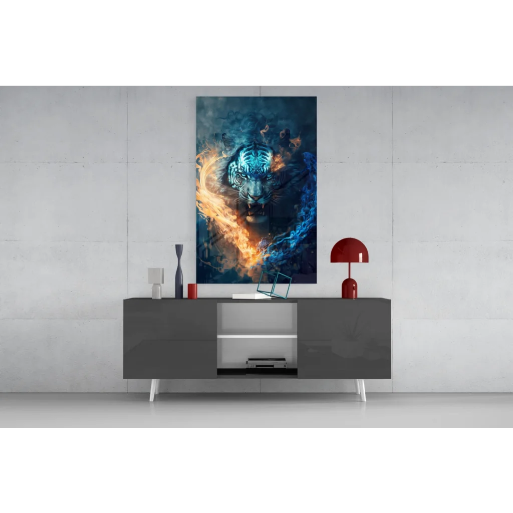 Fierce tiger glass wall art with glowing blue orange flames